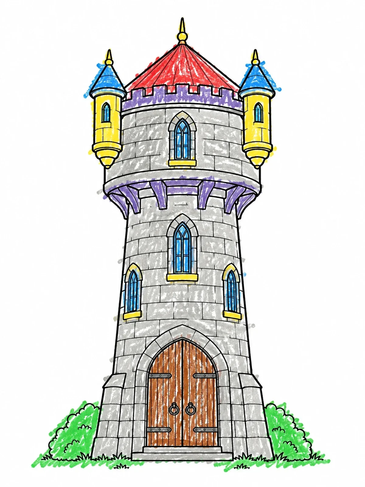 Colored example of the Castle Style Historic Water Tower coloring page