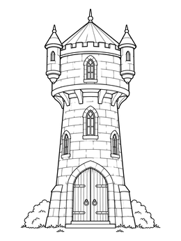 Intricate stone water tower coloring page with turrets and arched doors.