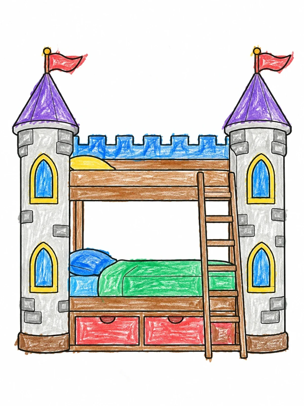 Colored example of the Castle Themed Bunk Bed coloring page