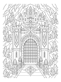 An underground crystal fortress entrance with a sturdy portcullis in this fantasy castle coloring page.