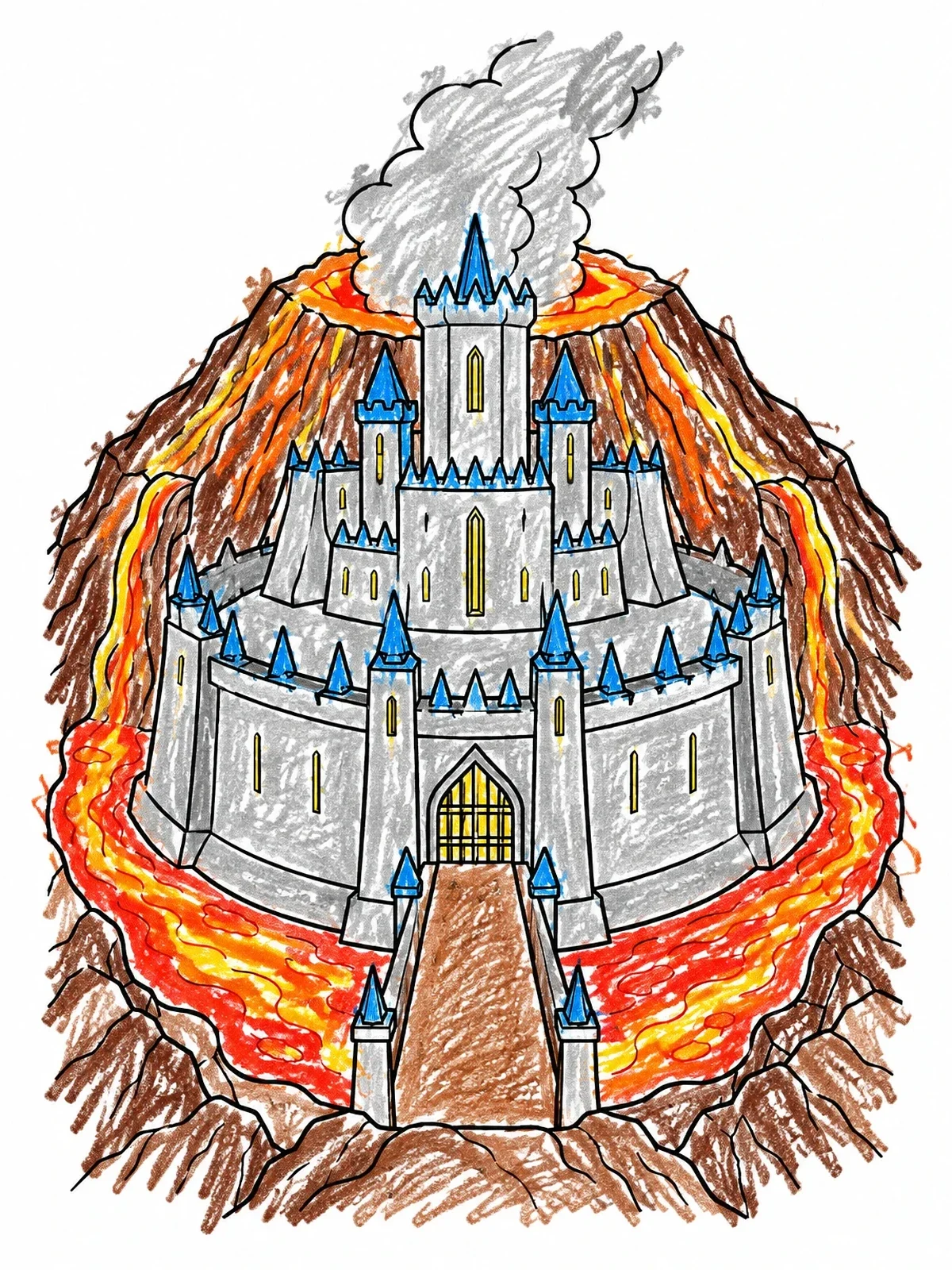 Colored example of the Volcano Crater Fortress coloring page