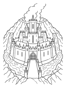 A fortified castle coloring page nestled inside an active smoking volcano crater with a moat.