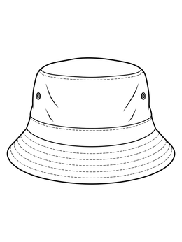 Classic bucket hat coloring page with detailed brim stitching and side eyelets.