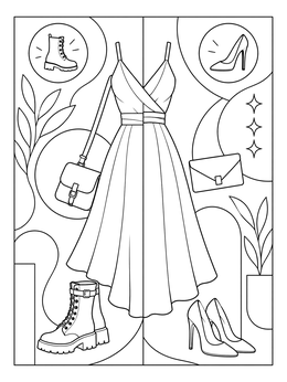 A split-screen dress coloring page displaying casual boot styling beside elegant high heels.