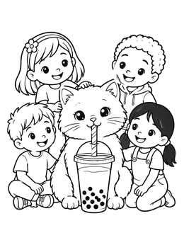 Free printable Cute Cat And Children Drinking Boba coloring page