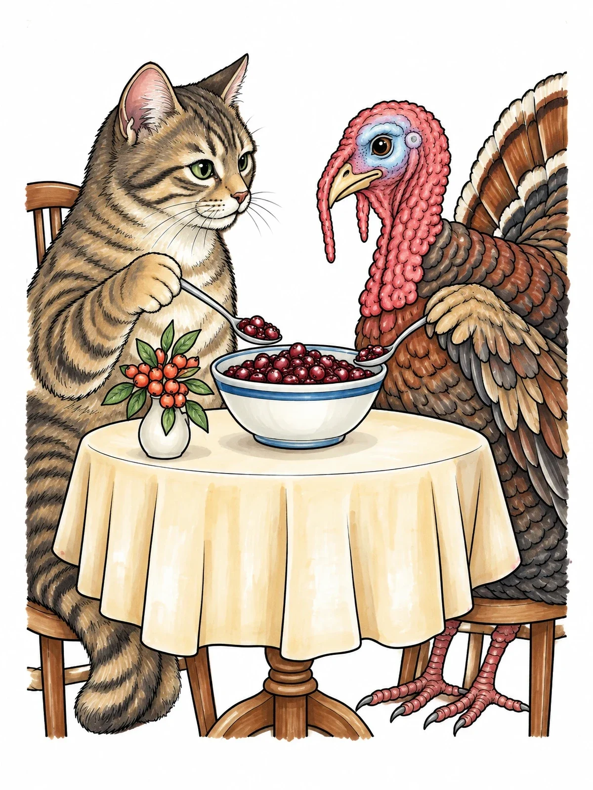 Colored example of the Cat And Turkey Sharing Thanksgiving Cranberries coloring page