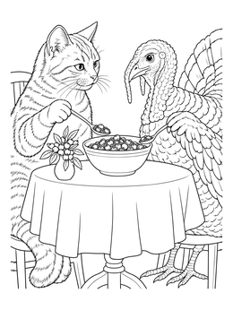 Free printable Cat And Turkey Sharing Thanksgiving Cranberries coloring page