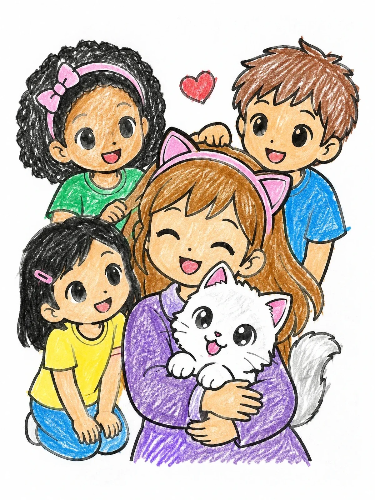 Colored example of the Anime Friends Cuddling A Kitten coloring page