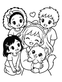 Free printable Anime Friends Cuddling A Kitten coloring page