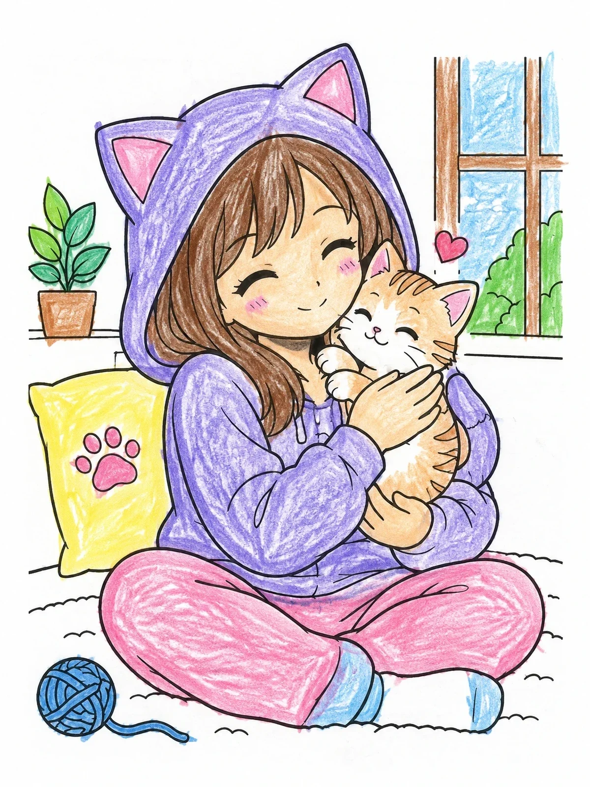 Colored example of the Anime Girl Hugging Cute Kitten coloring page