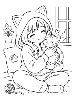 Free printable Anime Girl Hugging Cute Kitten coloring page