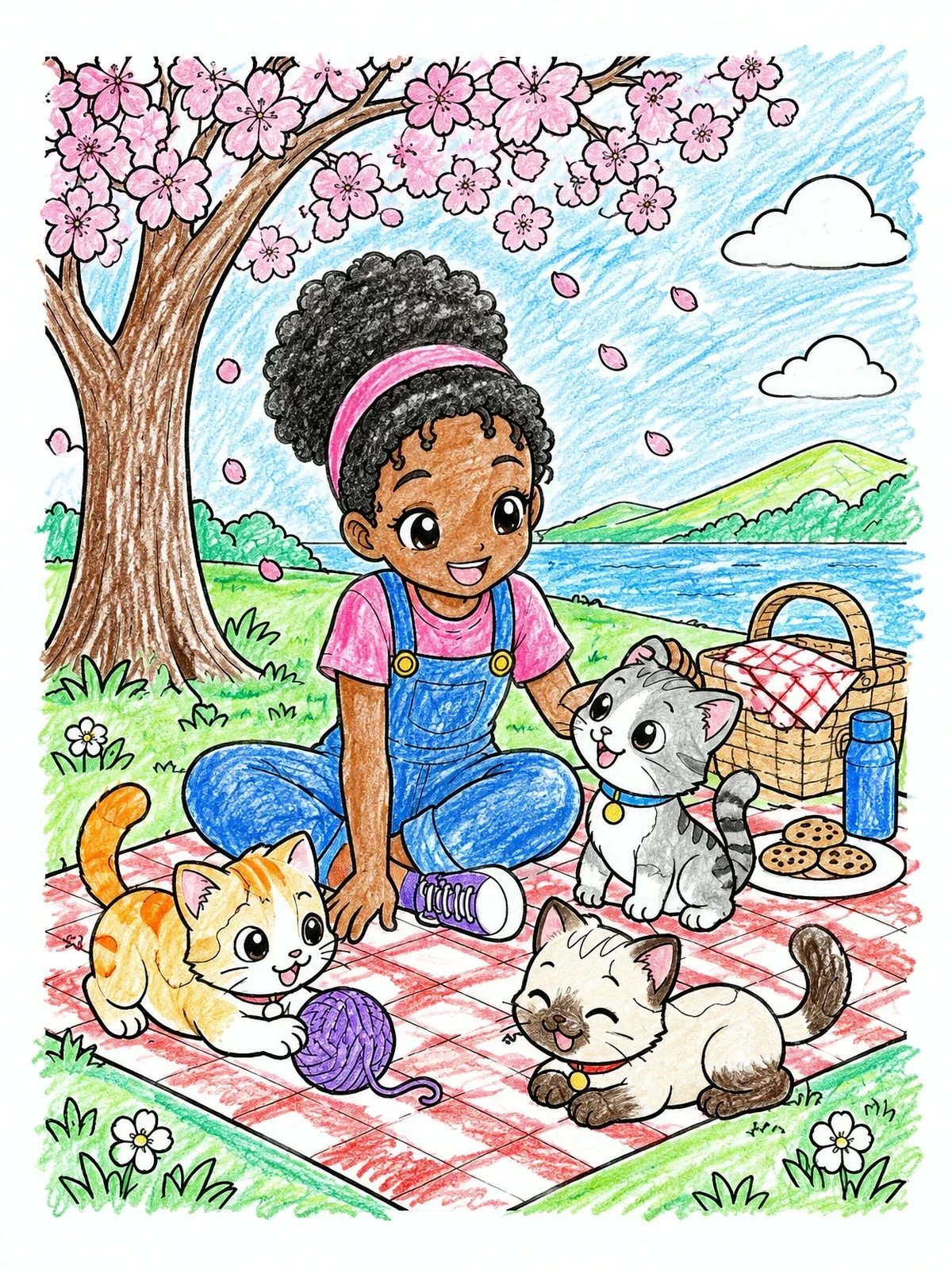 Colored example of the Anime Girl Picnic With Kittens coloring page