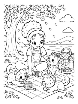 Free printable Anime Girl Picnic With Kittens coloring page