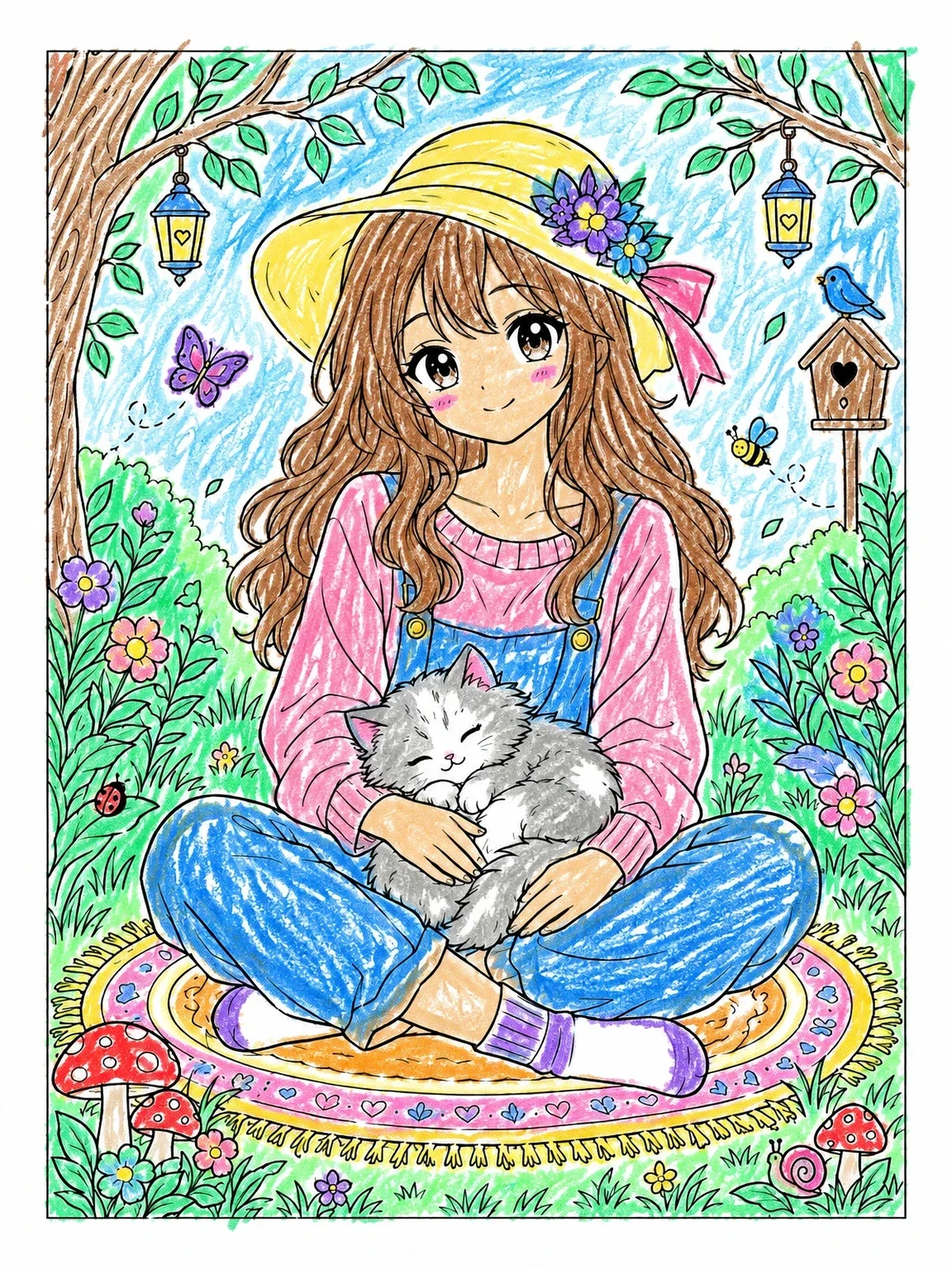 Colored example of the Anime Girl Cuddling Sleeping Kitten Outdoors coloring page