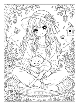 Free printable Anime Girl Cuddling Sleeping Kitten Outdoors coloring page