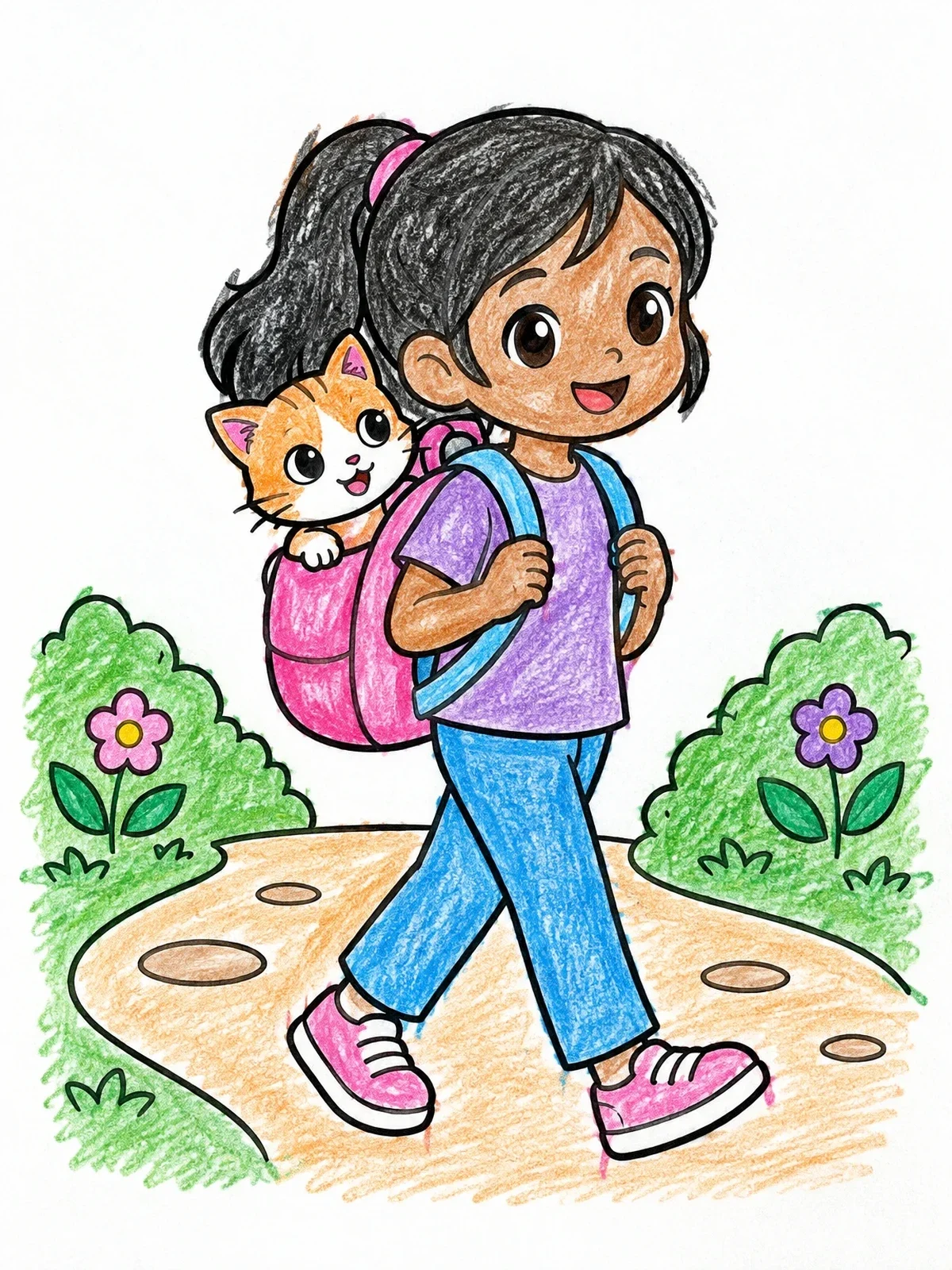 Colored example of the Anime Girl Walking With Backpack Kitten coloring page