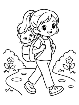 Free printable Anime Girl Walking With Backpack Kitten coloring page