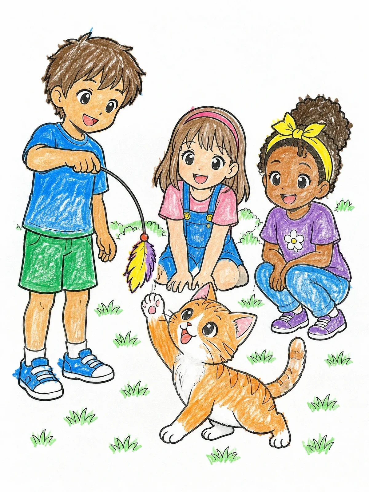 Colored example of the Children Playing With A Kitten coloring page