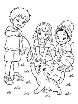 Free printable Children Playing With A Kitten coloring page