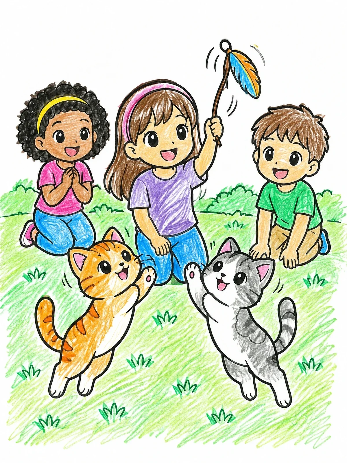Colored example of the Children Playing With Kittens Outdoors coloring page