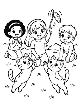 Free printable Children Playing With Kittens Outdoors coloring page