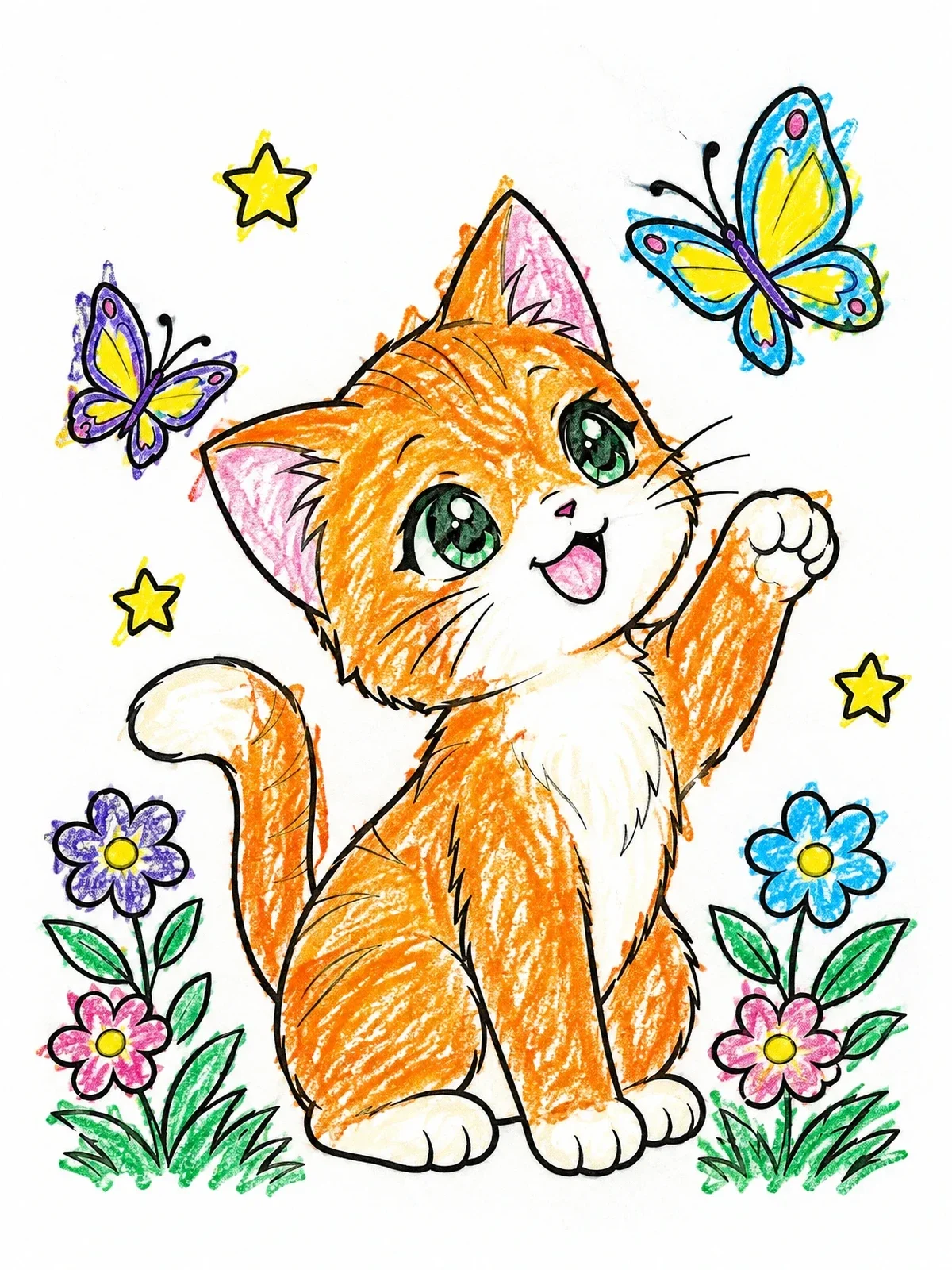 Colored example of the Playful Anime Kitten With Butterflies coloring page