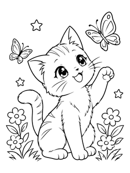 Free printable Playful Anime Kitten With Butterflies coloring page