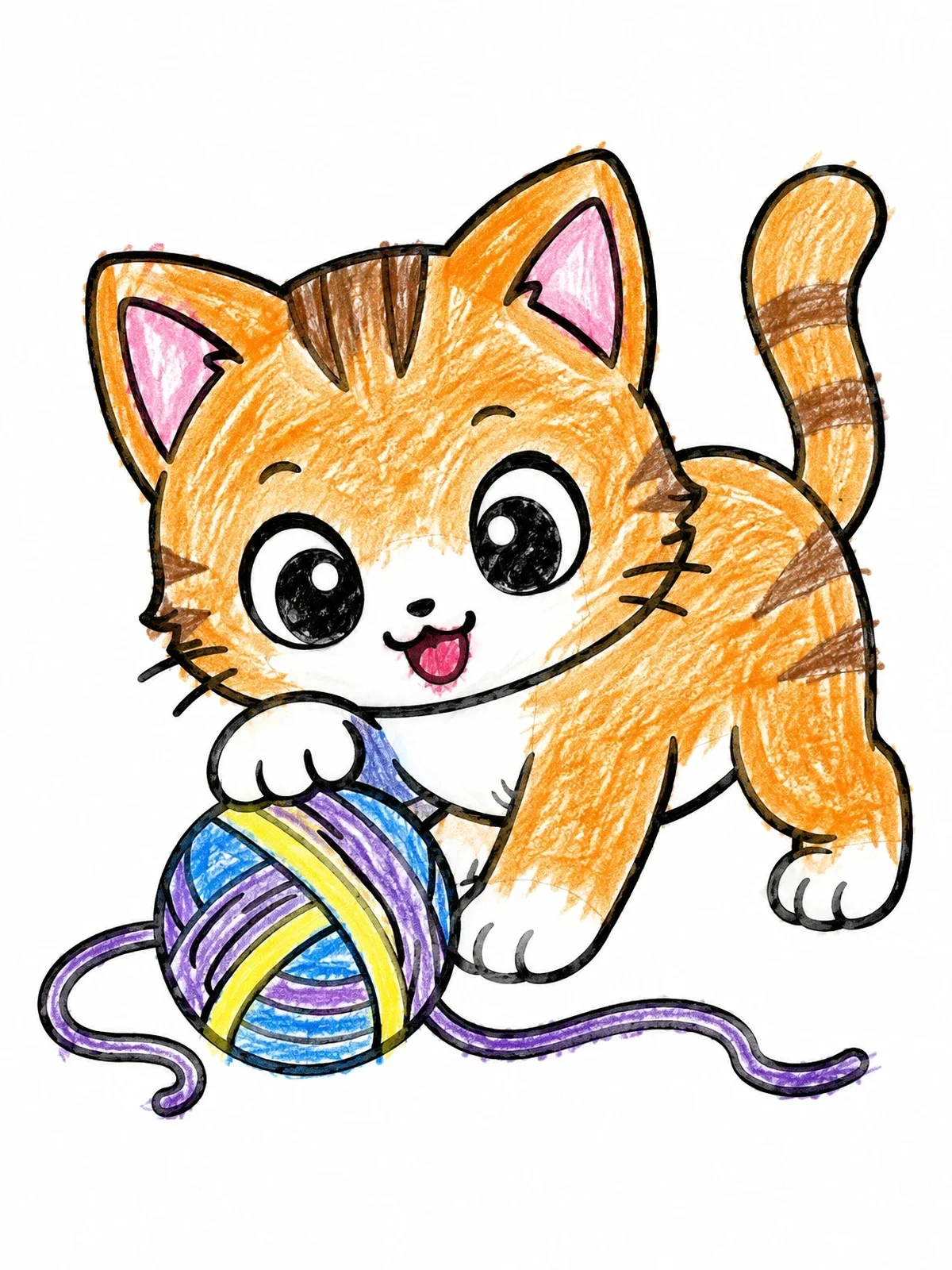 Colored example of the Playful Kitten With Yarn Ball coloring page