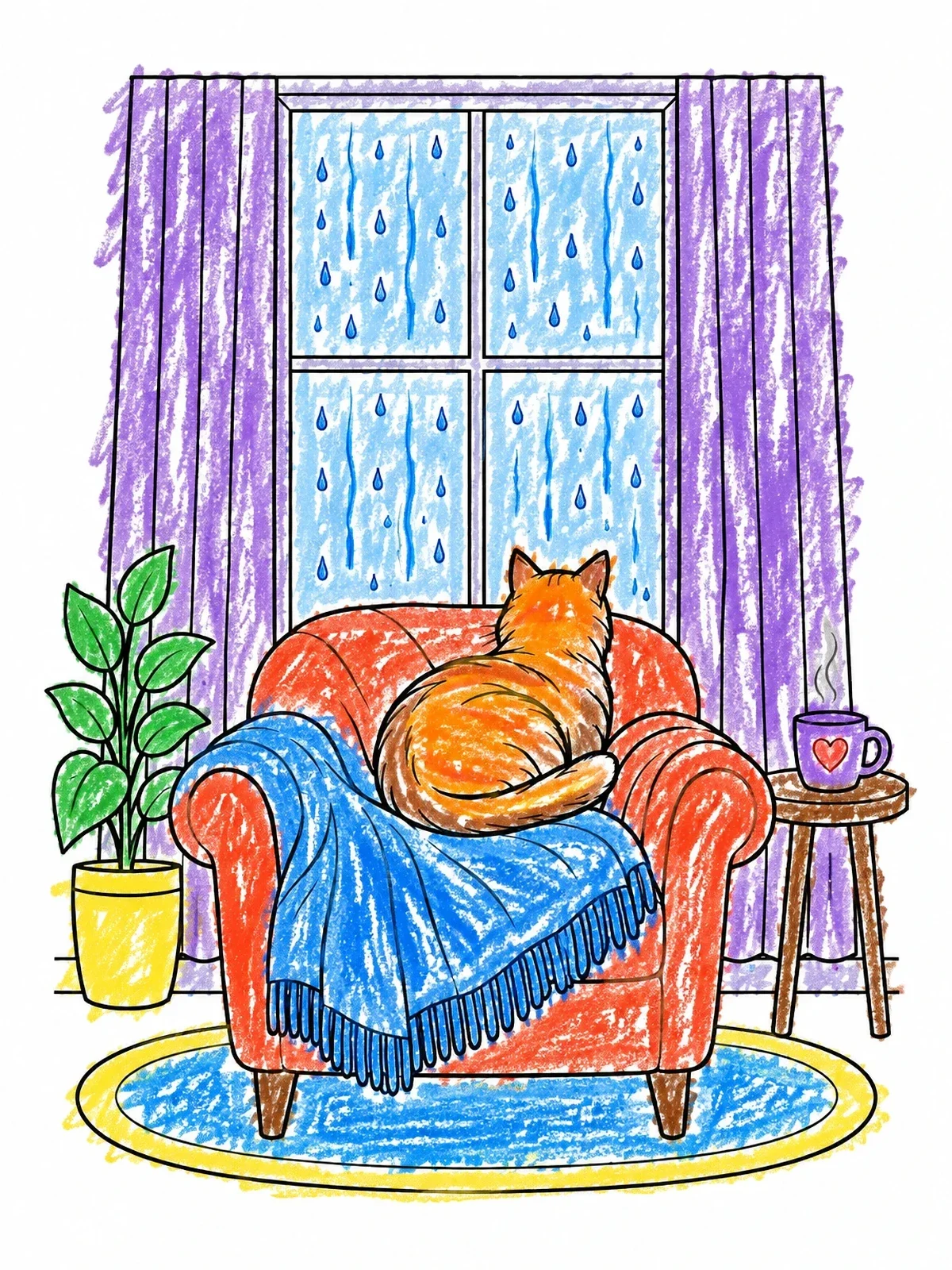 Colored example of the Cat Watching Rain From Cozy Armchair coloring page