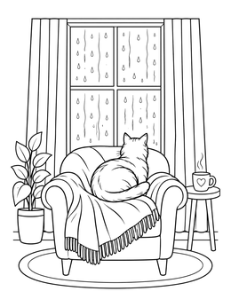 Cat Watching Rain from Cozy Armchair coloring page