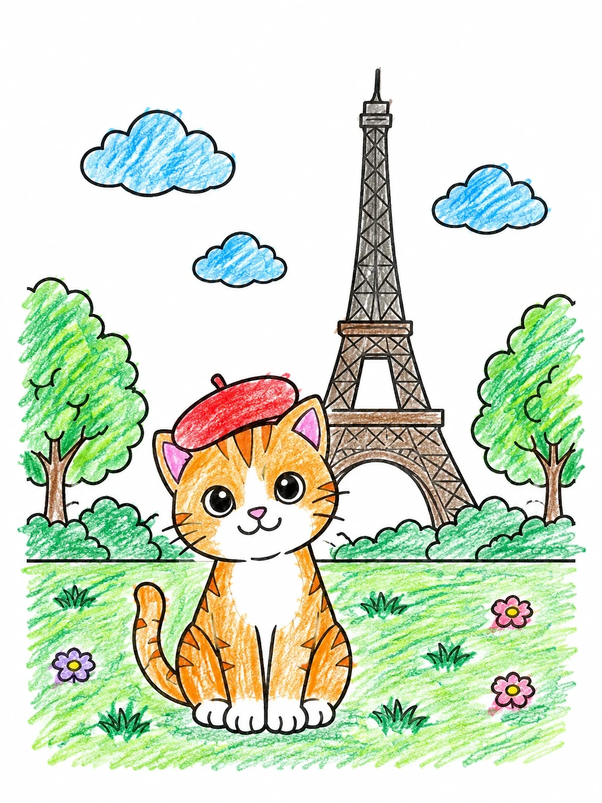 Colored example of the Cute Cat At The Eiffel Tower coloring page