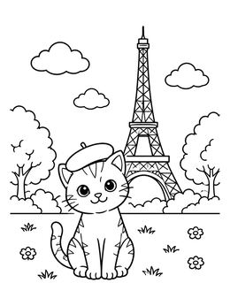 Free printable Cute Cat At The Eiffel Tower coloring page