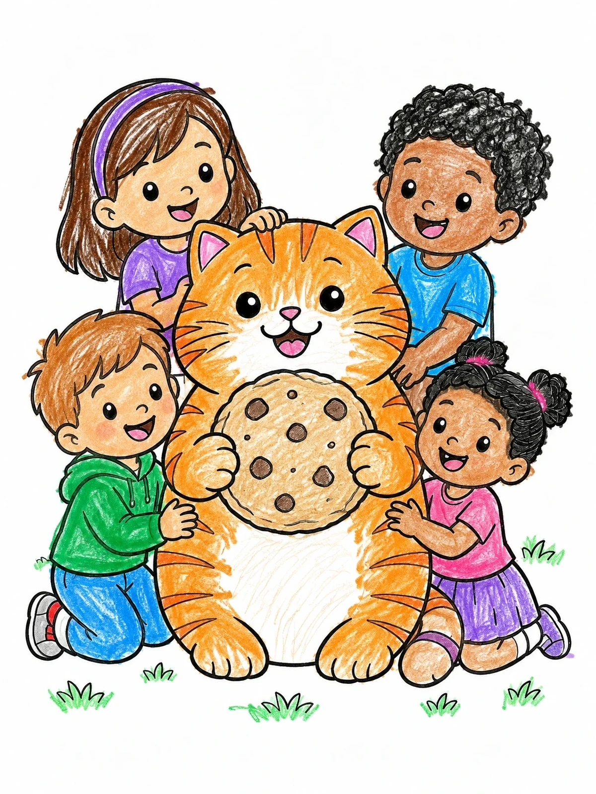 Colored example of the Happy Cat With Cookie And Kids coloring page