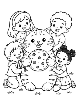 Free printable Happy Cat With Cookie And Kids coloring page