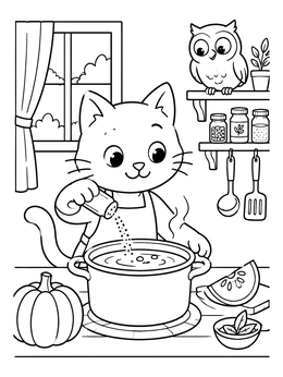 Free printable Cat Seasoning Pot Of Pumpkin Soup coloring page