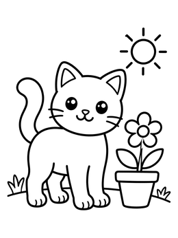 Free printable Cute Kitten Beside A Potted Flower coloring page
