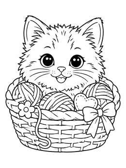 Free printable Cute Kitten In Yarn Basket coloring page