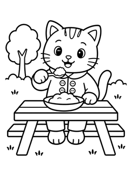 A cat thanksgiving coloring page of a kitten eating mashed potatoes at a picnic table.