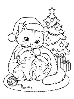 A cozy christmas kitten coloring page showing a mother cat cuddling her two kittens by the tree.