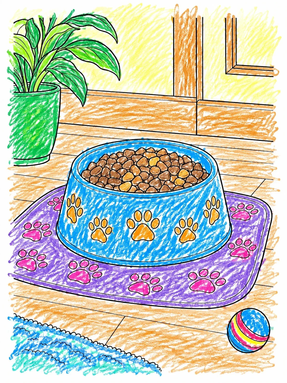 Colored example of the Cat Kibble Bowl On Mat coloring page