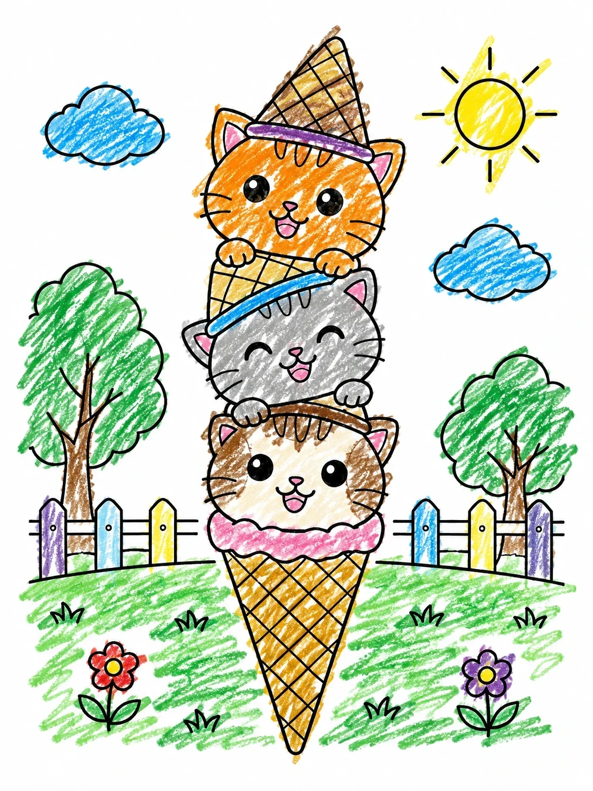 Colored example of the Kitten Ice Cream Cone Tower coloring page