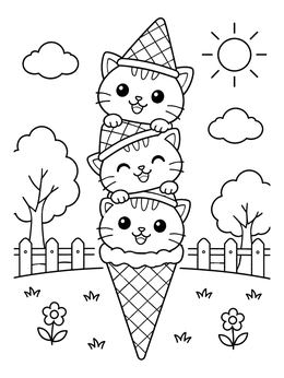 Free printable Kitten Ice Cream Cone Tower coloring page