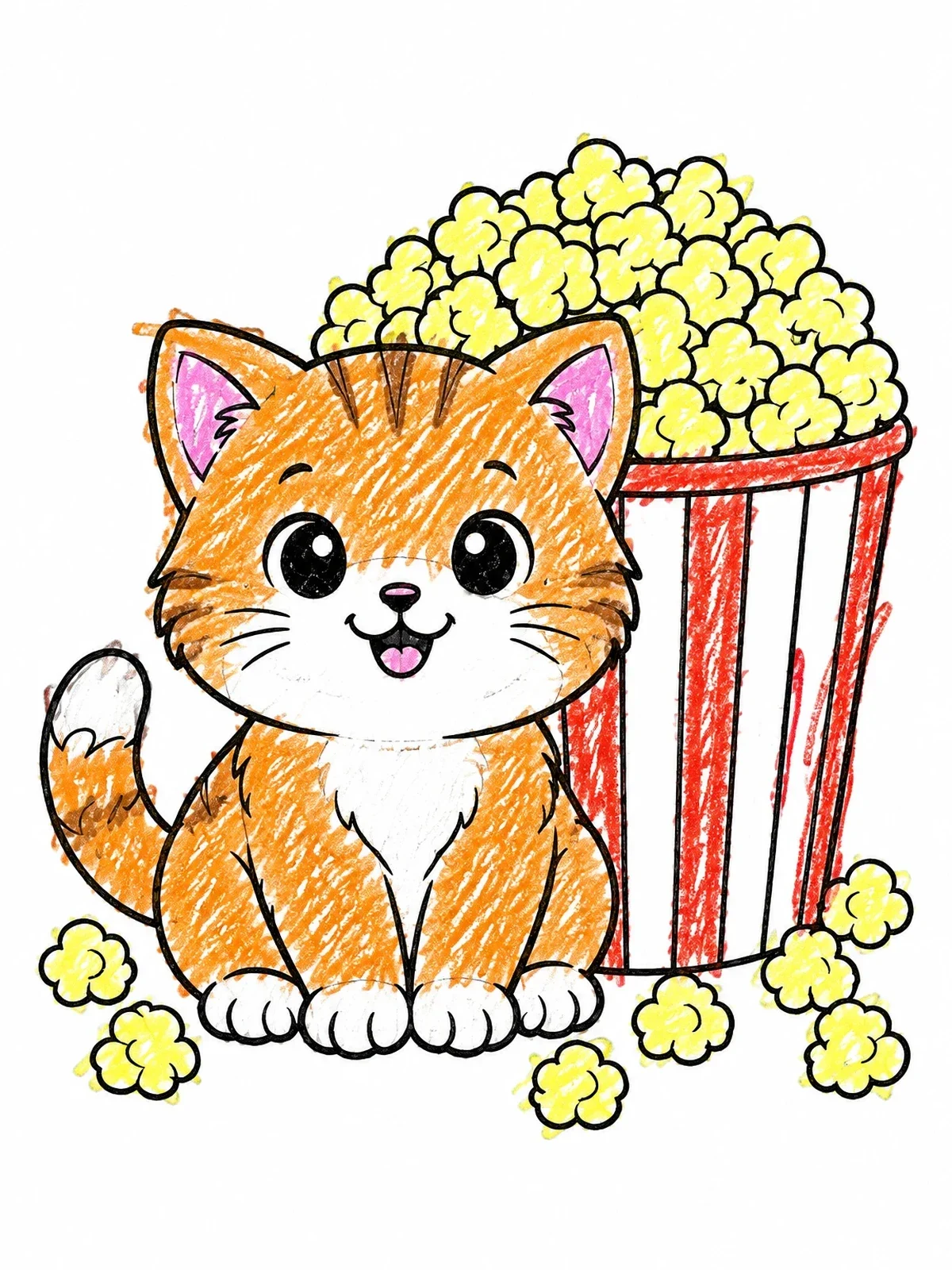 Colored example of the Kitten Beside A Popcorn Bucket coloring page