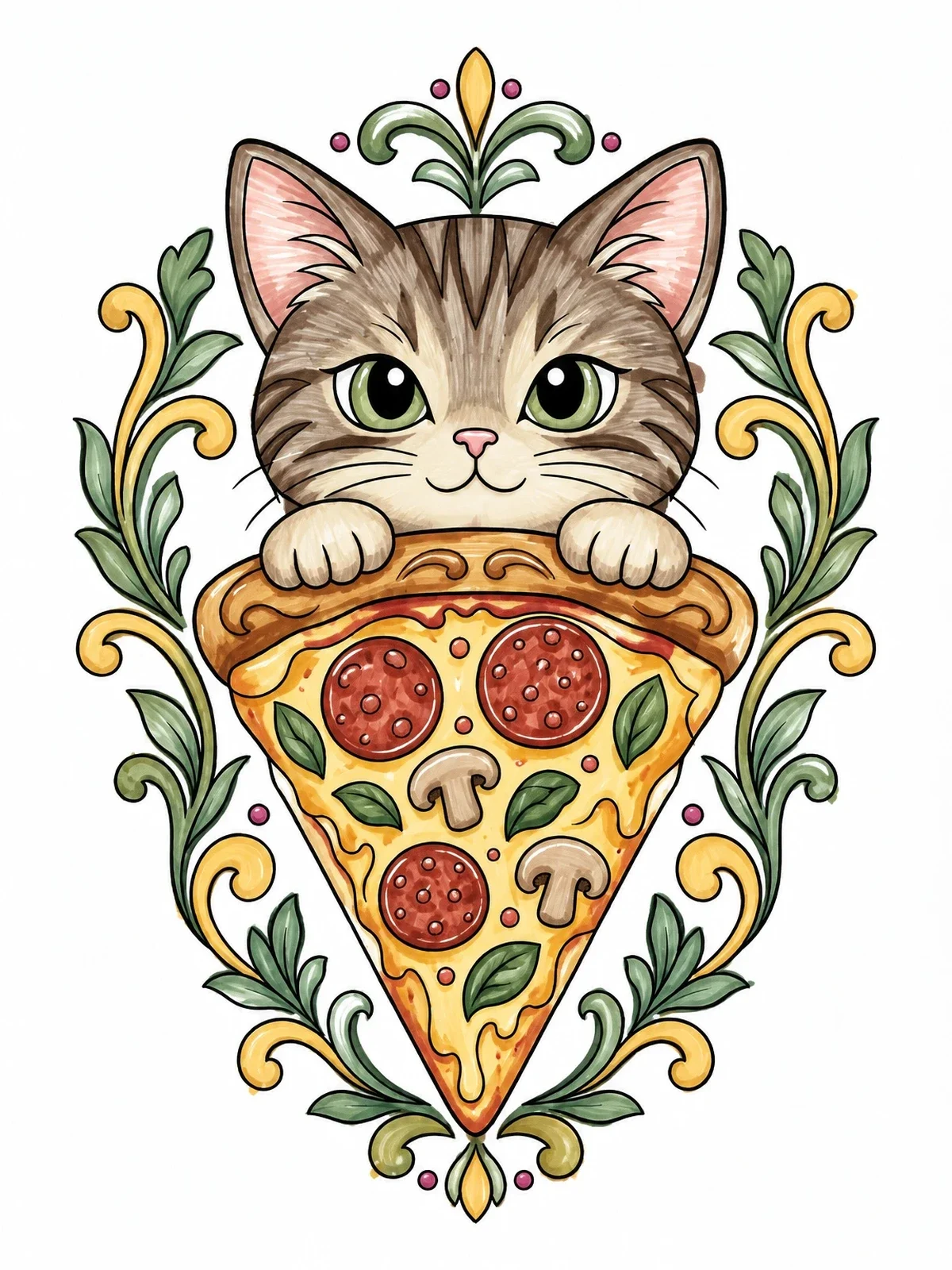 Colored example of the Cute Cat Holding Pizza Slice coloring page