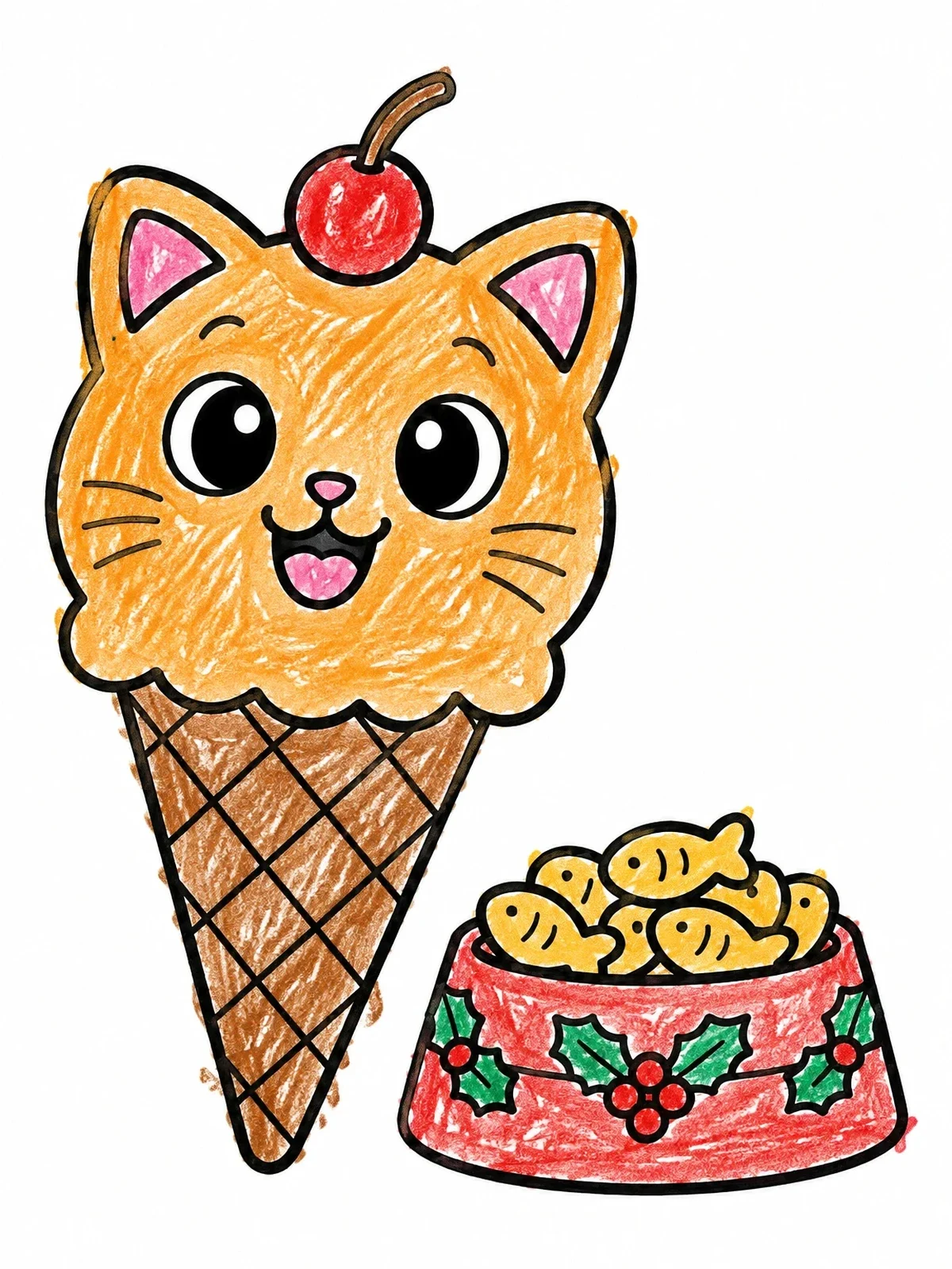 Colored example of the Cat Ice Cream Cone And Fish Treats coloring page