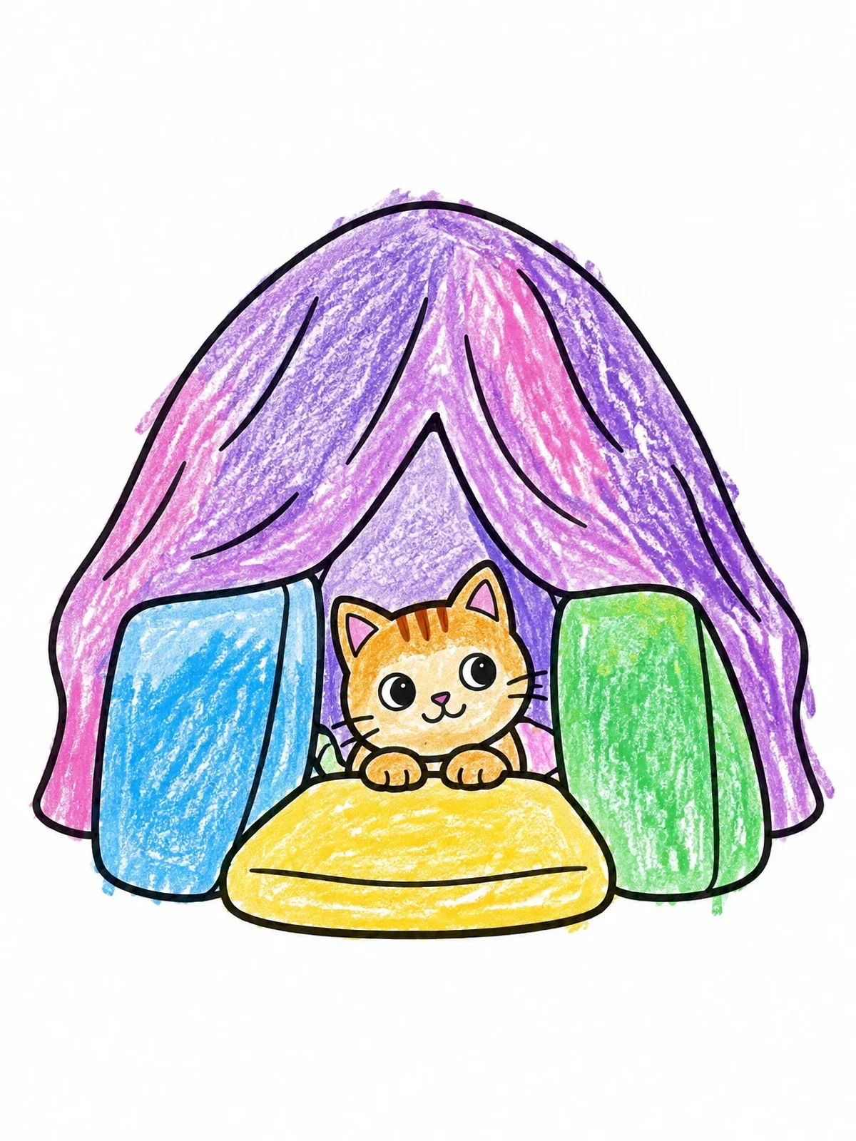 Colored example of the Cat In Cozy Blanket Fort coloring page
