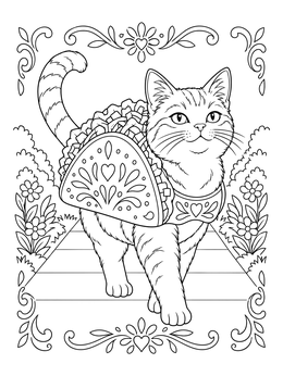 A cute cat wearing a taco costume on this detailed taco coloring page.