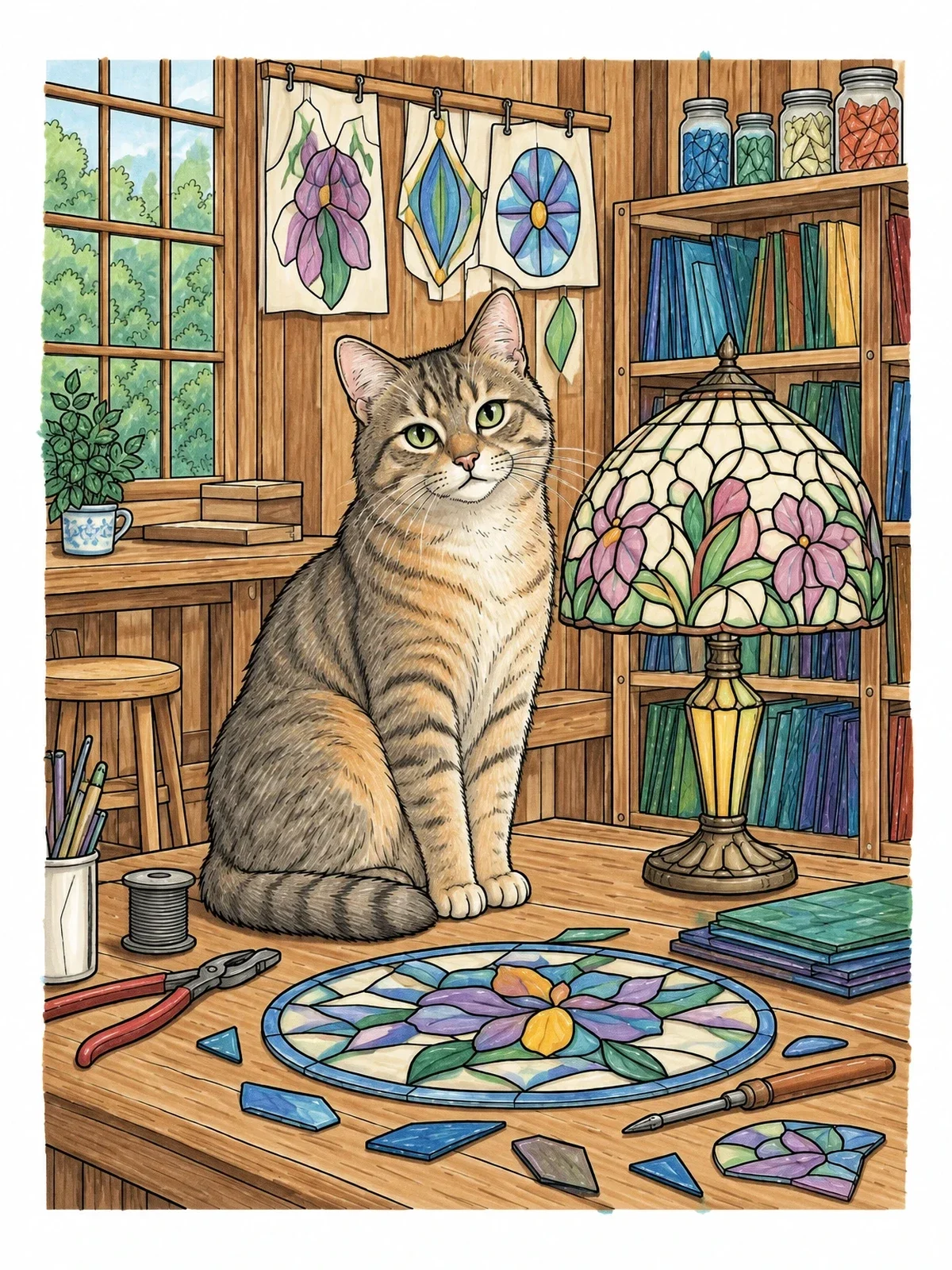 Colored example of the Cat In Tiffany Glass Studio coloring page