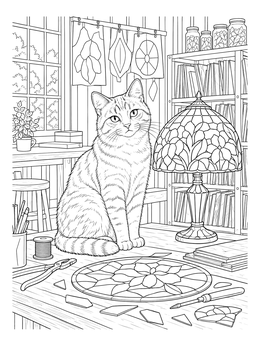 A cat sits on a workshop table next to a lamp in this tiffany coloring page.