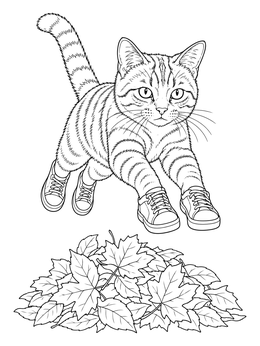 A cat thanksgiving coloring page featuring a striped kitten in sneakers leaping over autumn leaves.